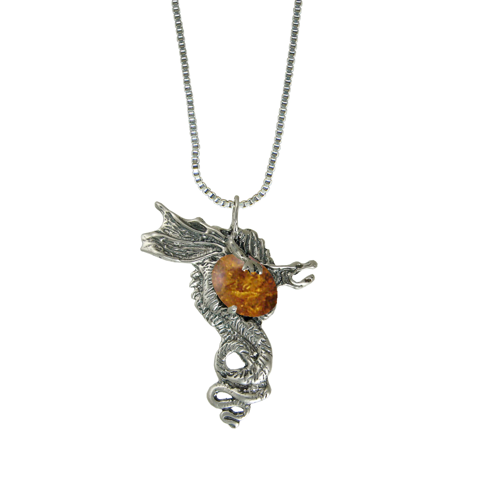 Sterling Silver Warrior Dragon Pendant With Amber